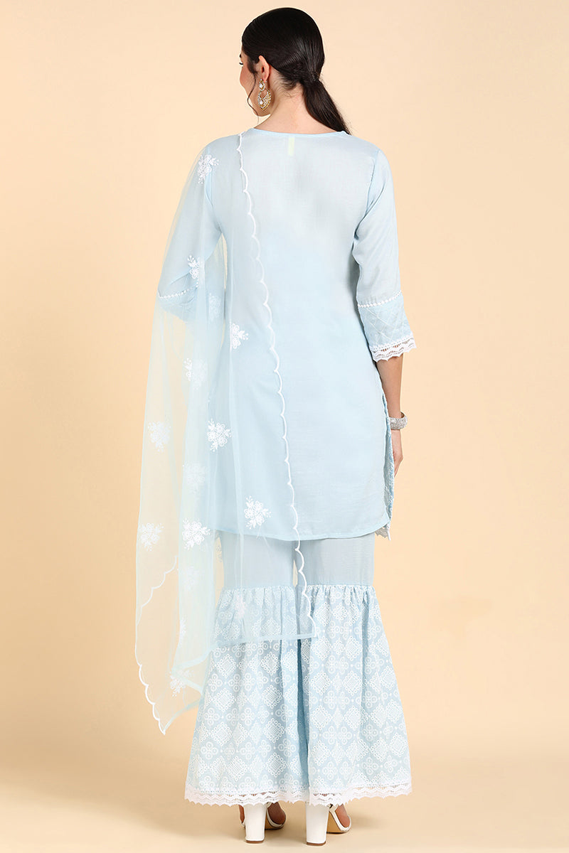 AHIKA Women Blue Printed Kurta Sharara With Dupatta