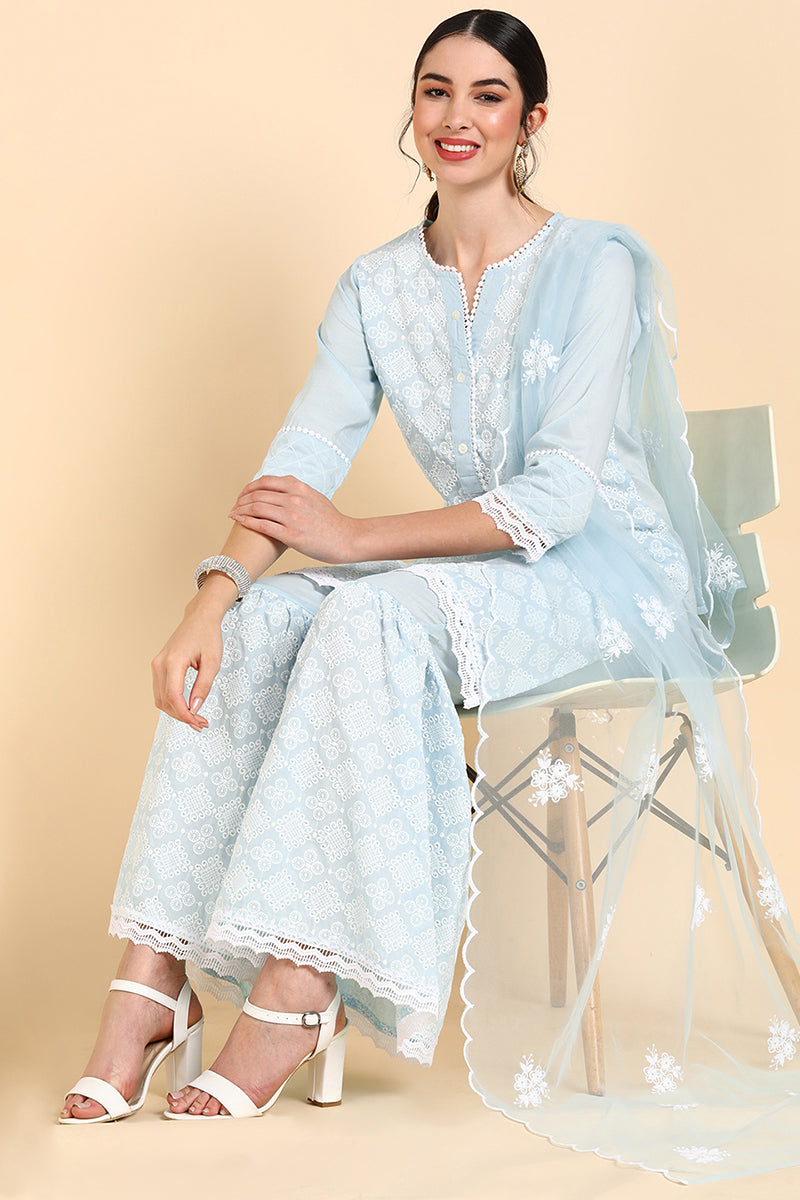 AHIKA Women Blue Printed Kurta Sharara With Dupatta