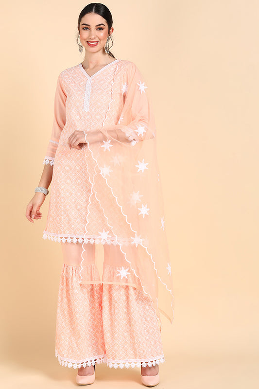 Orange Printed Kurta Sharara With Dupatta PKSKD1406