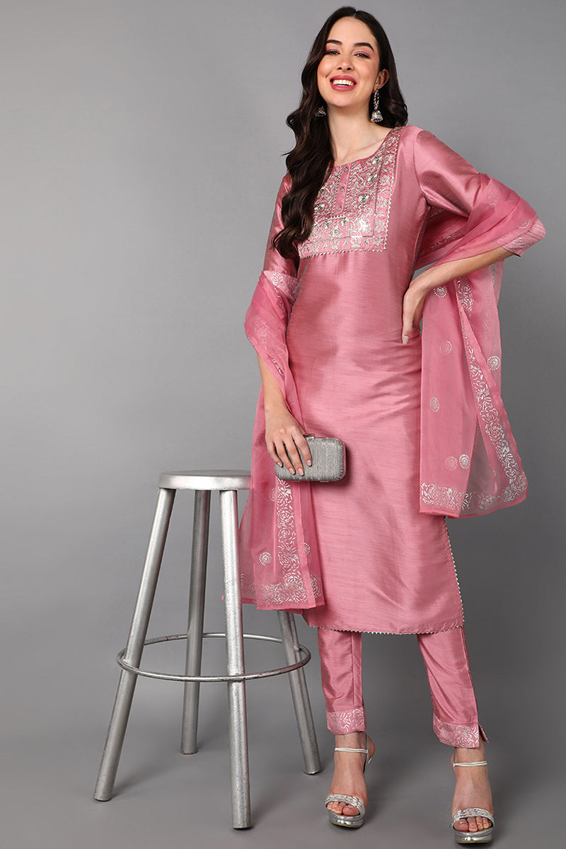 AHIKA Women Pink Floral Embroidered High Slit Kurti with Trousers & With Dupatta
