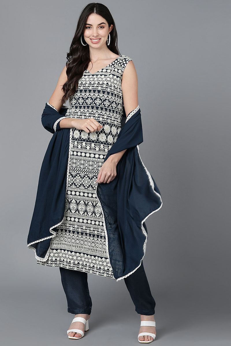 Ahika Women Teal Poly Georgette Embroidered Kurta Trouser With Dupatta