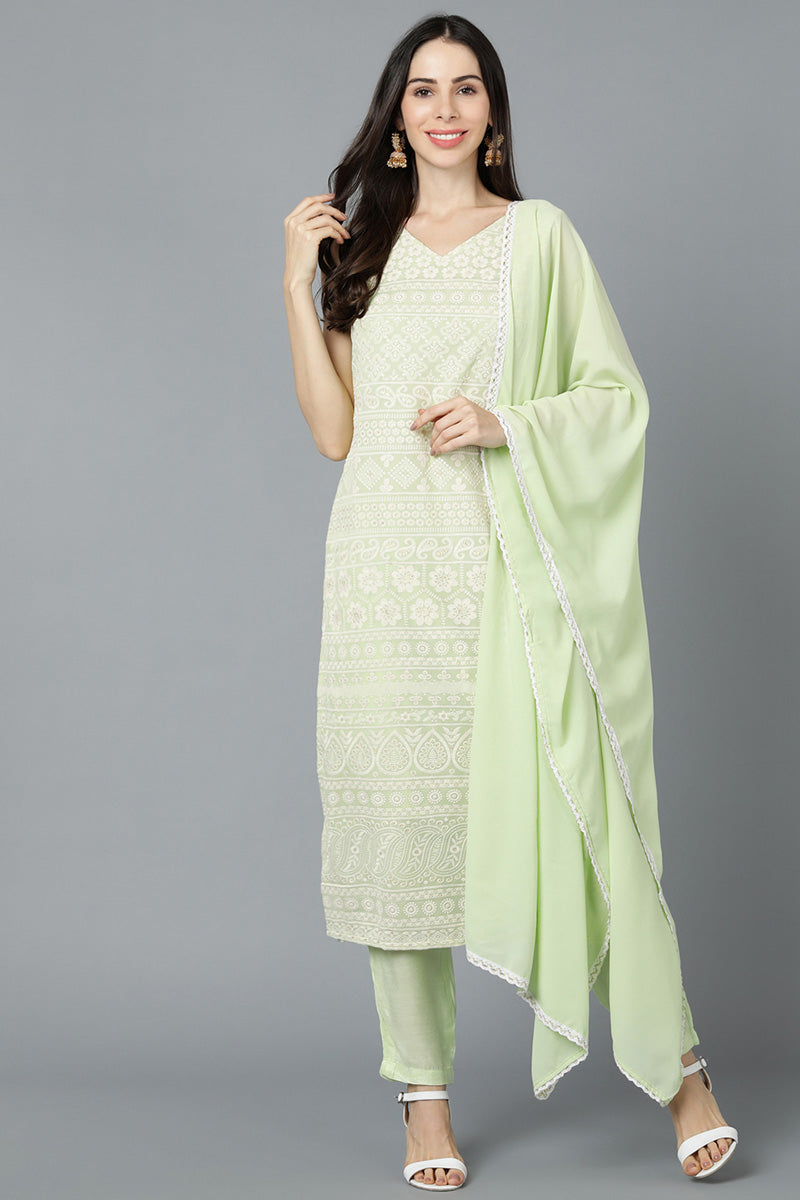 Ahika Women Green Poly Georgette Embroidered Kurta Trouser With Dupatta