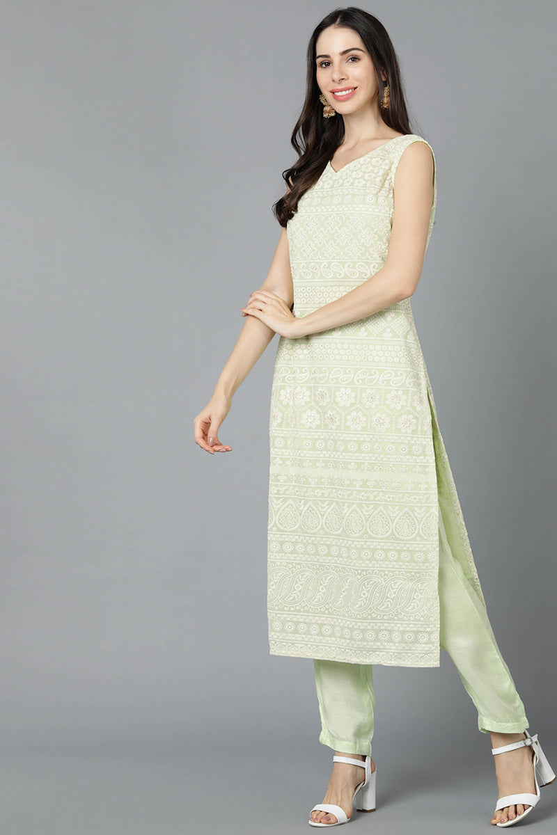 Ahika Women Green Poly Georgette Embroidered Kurta Trouser With Dupatta