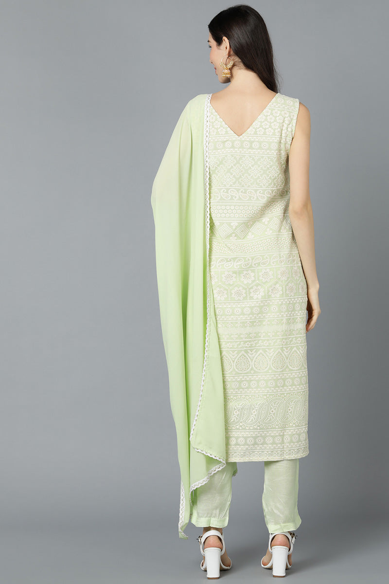 Ahika Women Green Poly Georgette Embroidered Kurta Trouser With Dupatta