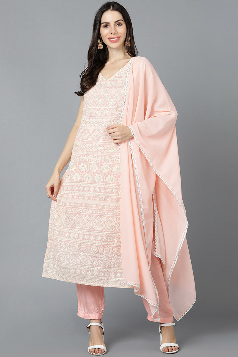 Peach Poly Georgette Straight Kurta Pant With Dupatta Set PKSKD1459