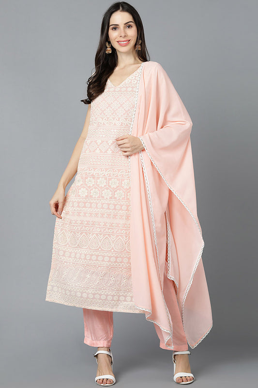 Peach Poly Georgette Straight Kurta Pant With Dupatta Set PKSKD1459