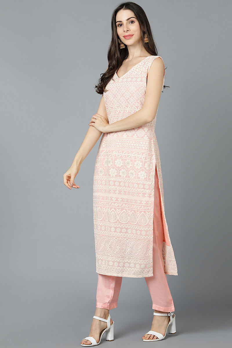 Peach Poly Georgette Straight Kurta Pant With Dupatta Set PKSKD1459