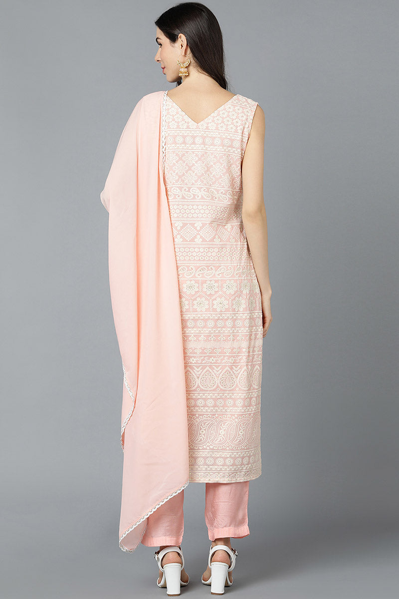 Peach Poly Georgette Straight Kurta Pant With Dupatta Set PKSKD1459