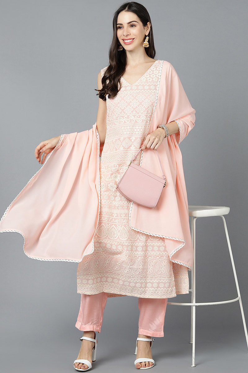 Peach Poly Georgette Straight Kurta Pant With Dupatta Set PKSKD1459