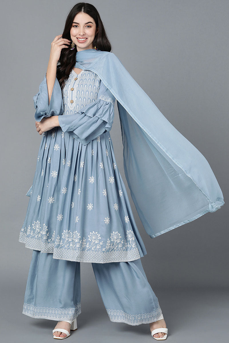 Women Blue Poly Silk Embroidered Kurta Sharara With Dupatta PKSKD1482