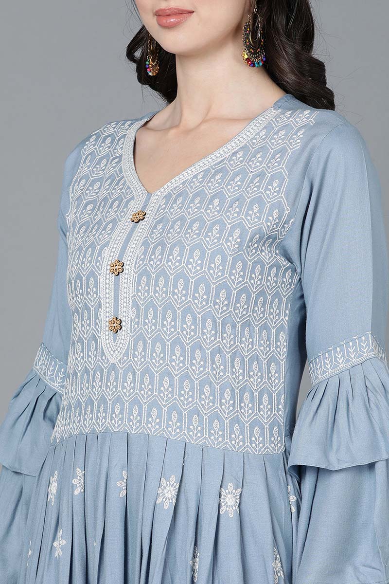 Women Blue Poly Silk Embroidered Kurta Sharara With Dupatta PKSKD1482