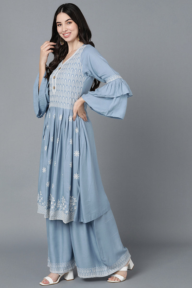 Women Blue Poly Silk Embroidered Kurta Sharara With Dupatta PKSKD1482