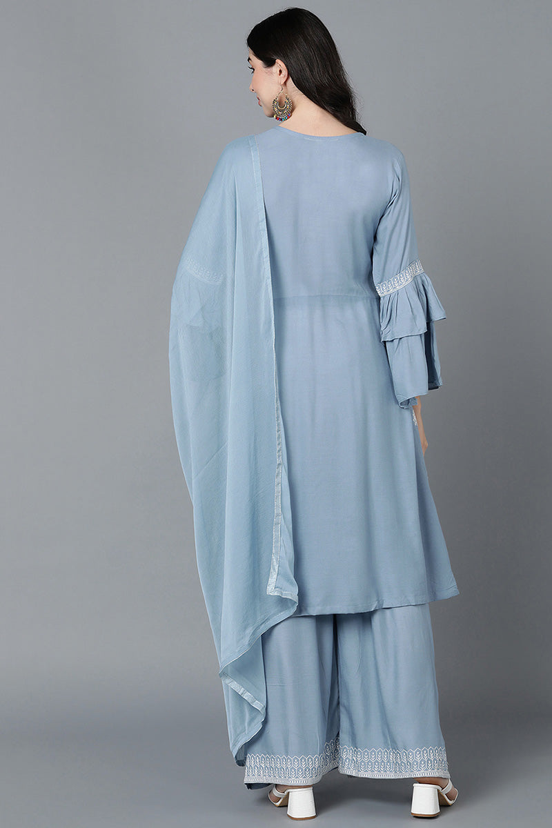 Women Blue Poly Silk Embroidered Kurta Sharara With Dupatta PKSKD1482