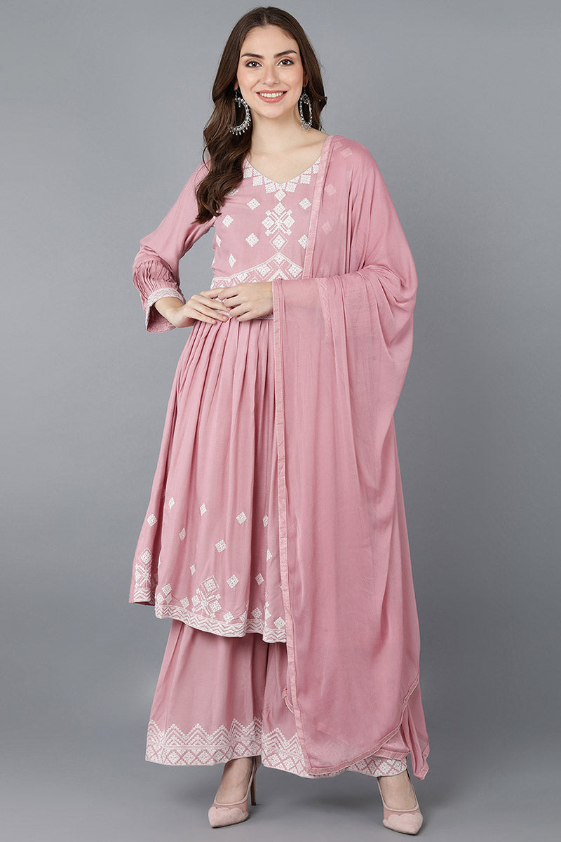 Ahika Women Pink Polysilk Embroidered Kurta Sharara With Dupatta