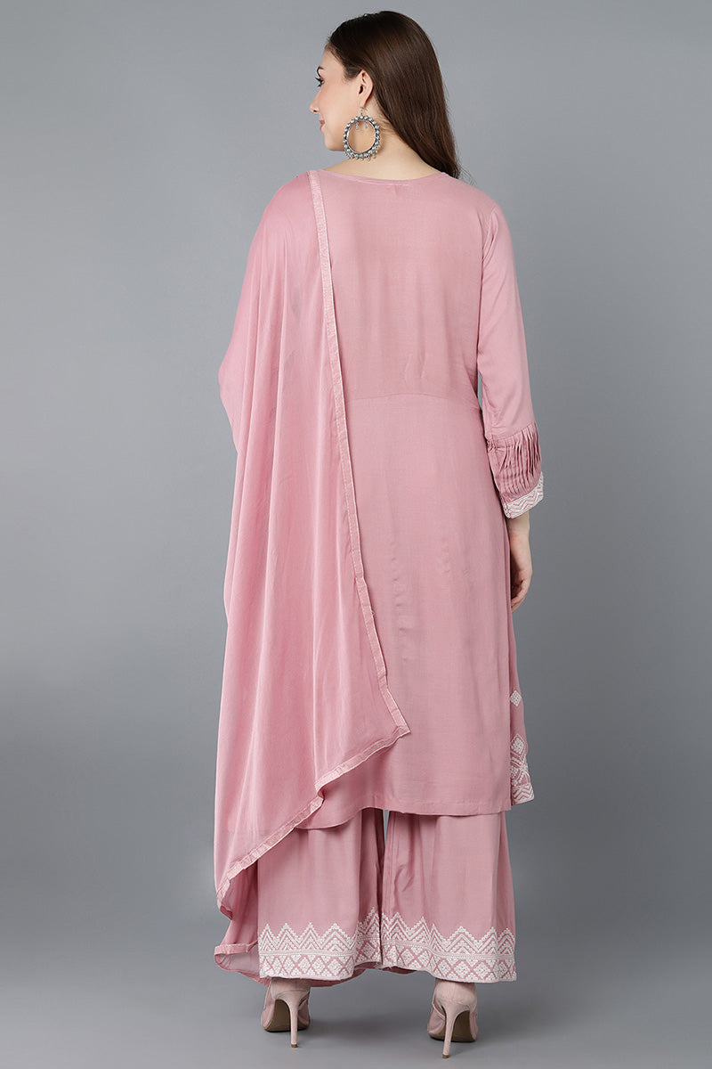 Ahika Women Pink Polysilk Embroidered Kurta Sharara With Dupatta