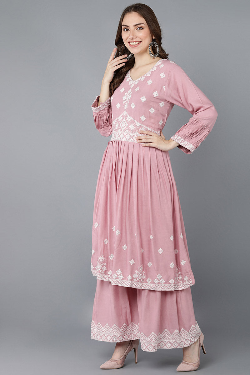 Ahika Women Pink Polysilk Embroidered Kurta Sharara With Dupatta