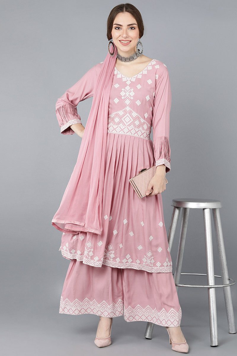 Ahika Women Pink Polysilk Embroidered Kurta Sharara With Dupatta