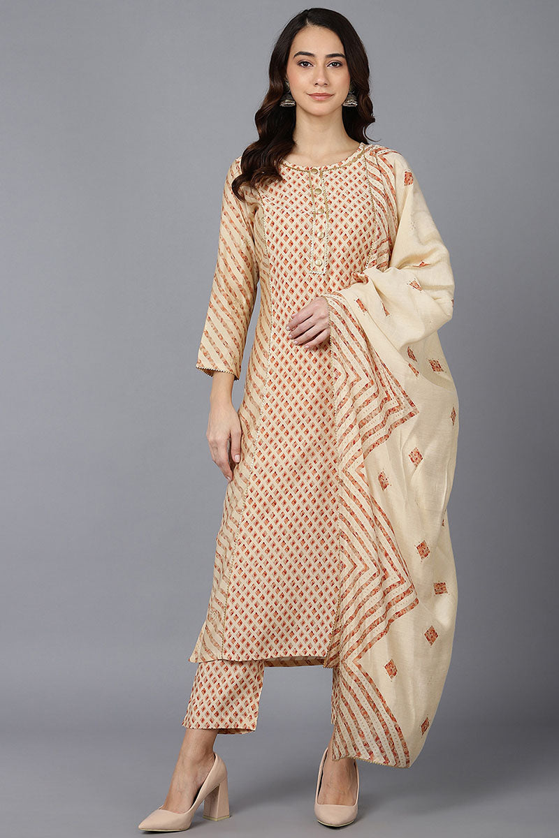 Ahika Women Cream Poly Silk Kurta Trousers With Dupatta