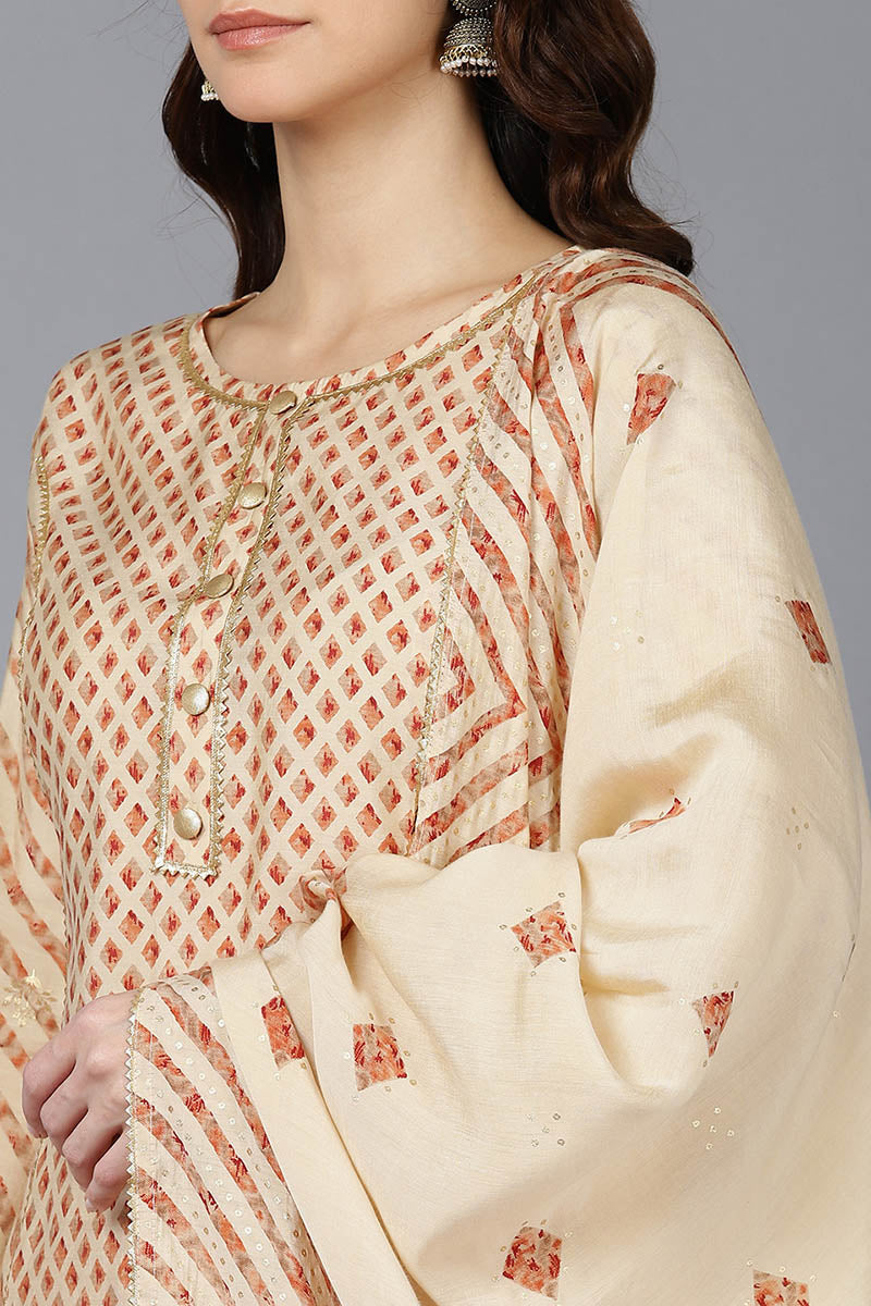 Ahika Women Cream Poly Silk Kurta Trousers With Dupatta