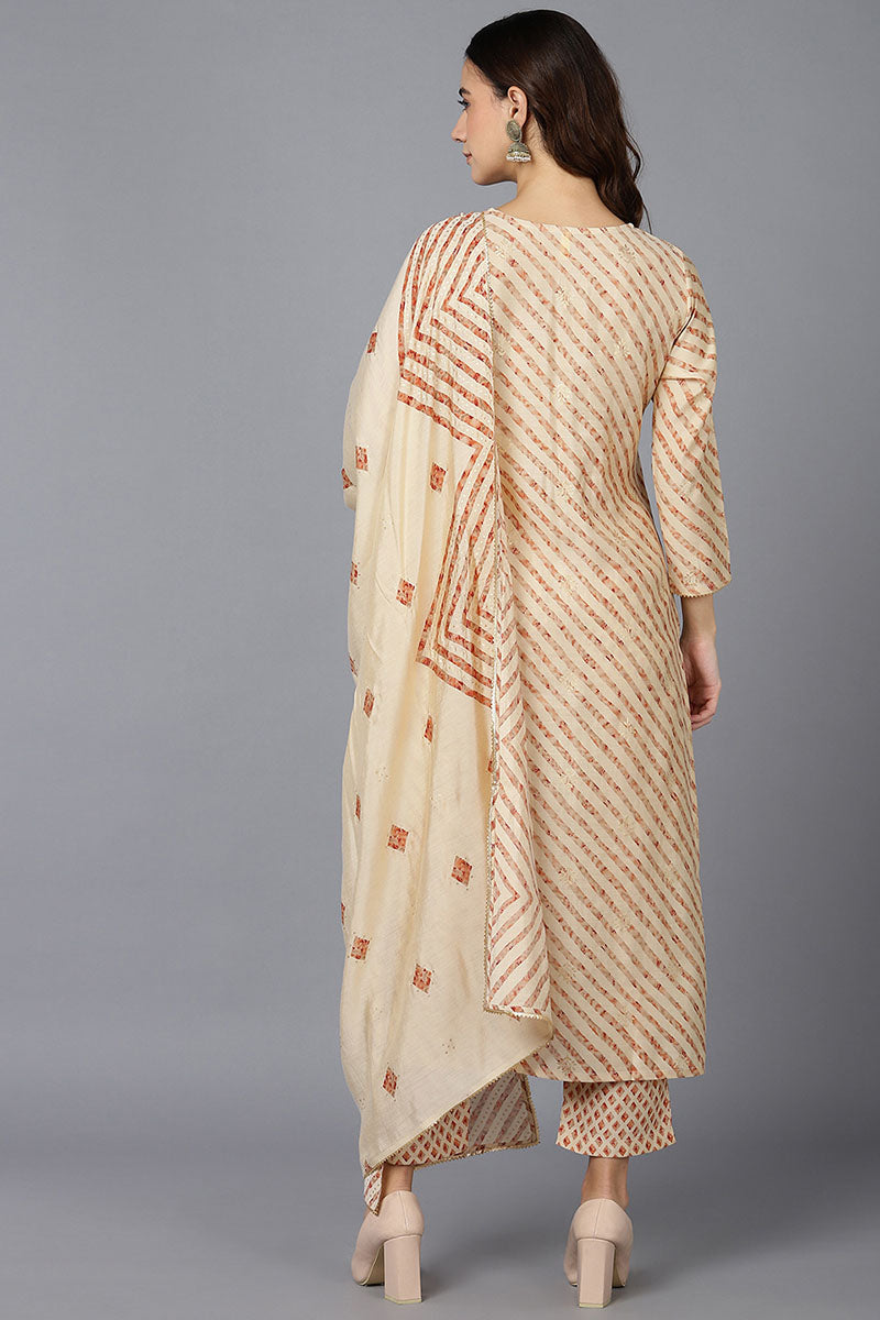 Ahika Women Cream Poly Silk Kurta Trousers With Dupatta