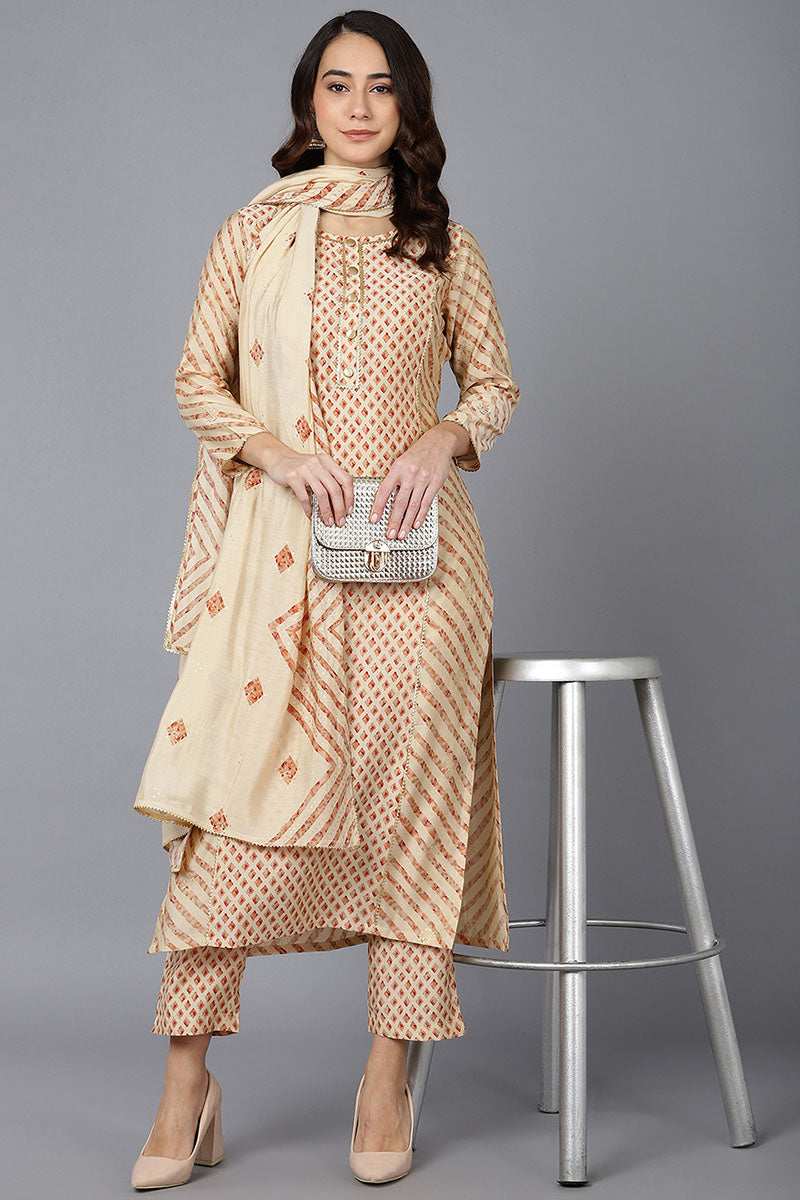 Ahika Women Cream Poly Silk Kurta Trousers With Dupatta