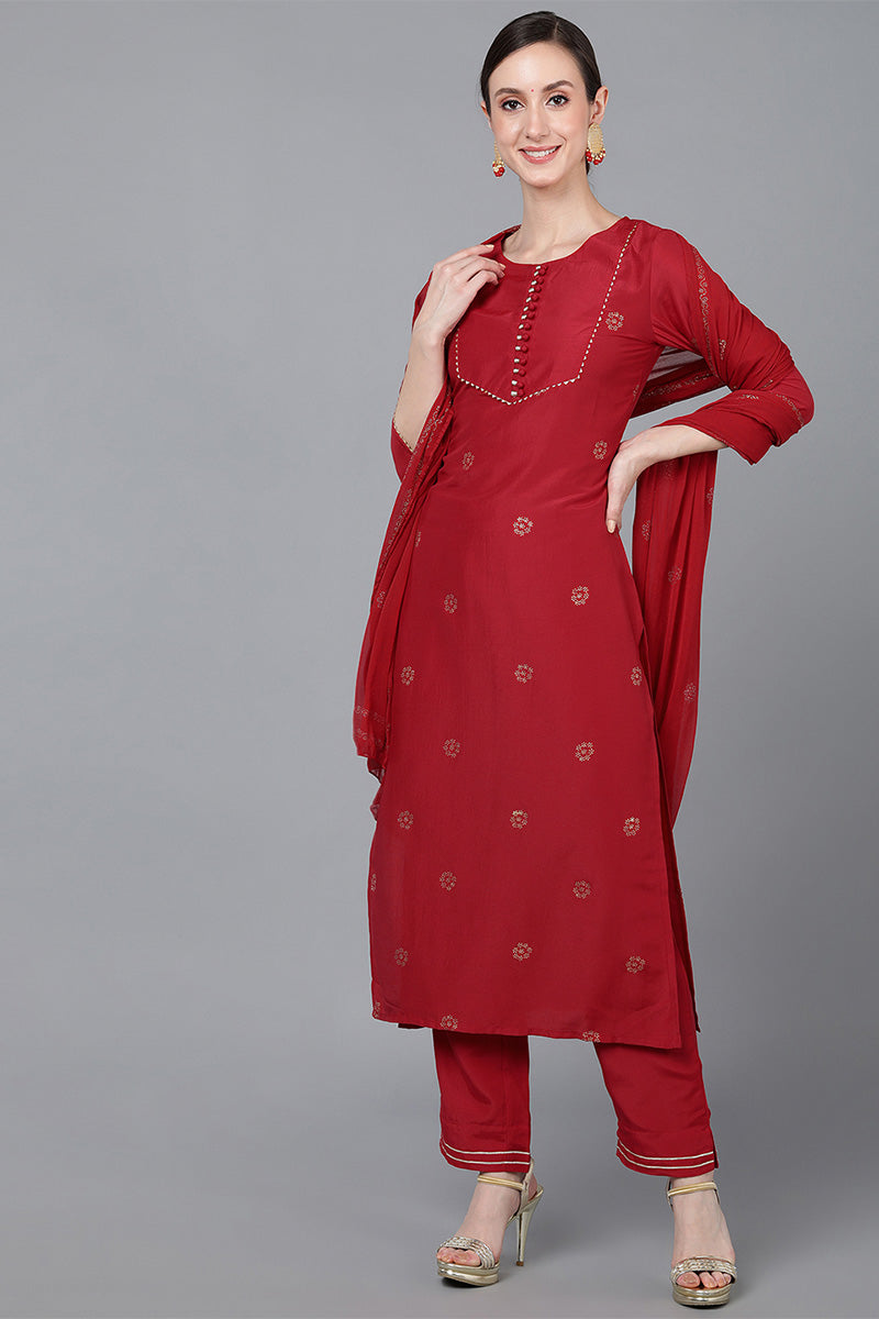 Ahika Women Red Poly Silk Ethnic Motifs Yoke Design Kurta Trousers With Dupatta