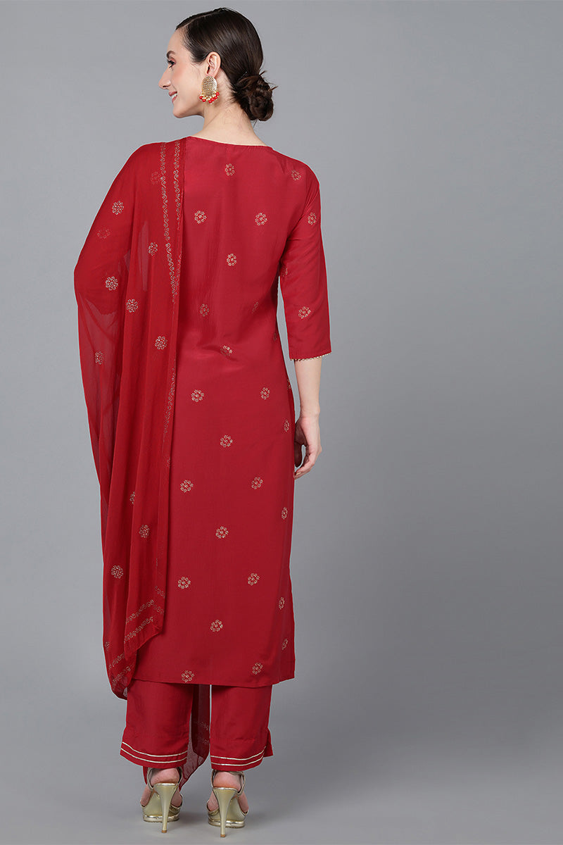 Ahika Women Red Poly Silk Ethnic Motifs Yoke Design Kurta Trousers With Dupatta