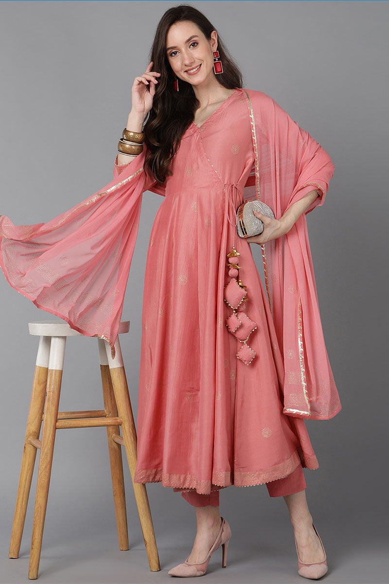 Pink Poly Silk Solid Solid Kurta Trousers With Dupatta PKSKD1594