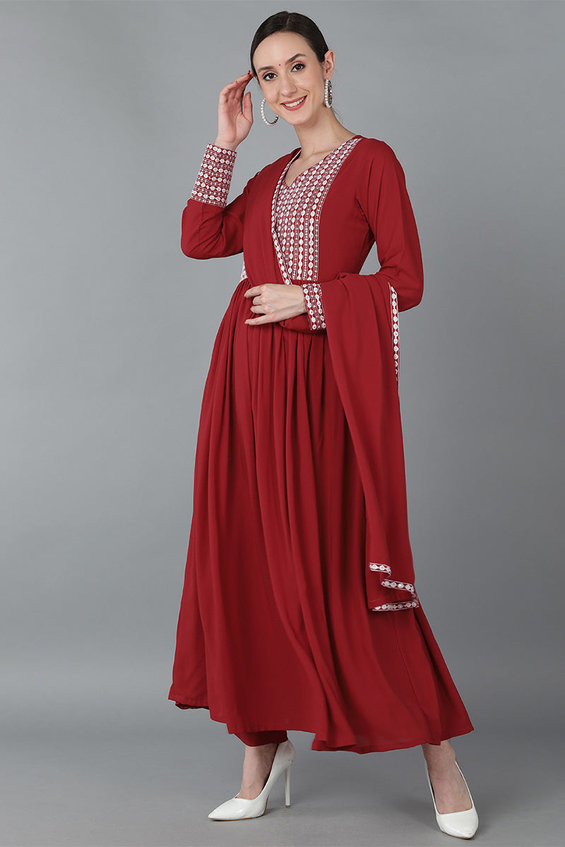 Ahika Women Red Poly Georgette Yoke Design Kurta Trousers With Dupatta