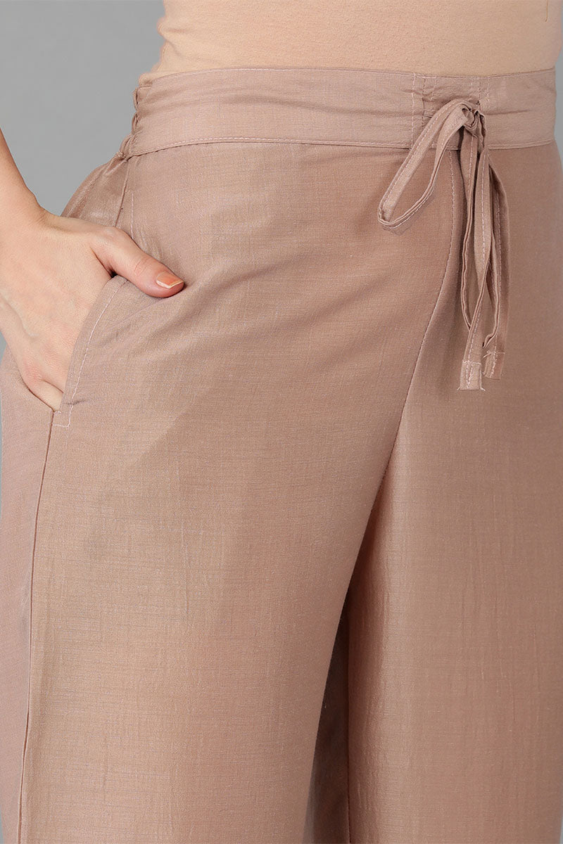 Ahika Women Beige Silk Blend Yoke Design Solid Kurta Trousers With Dupatta