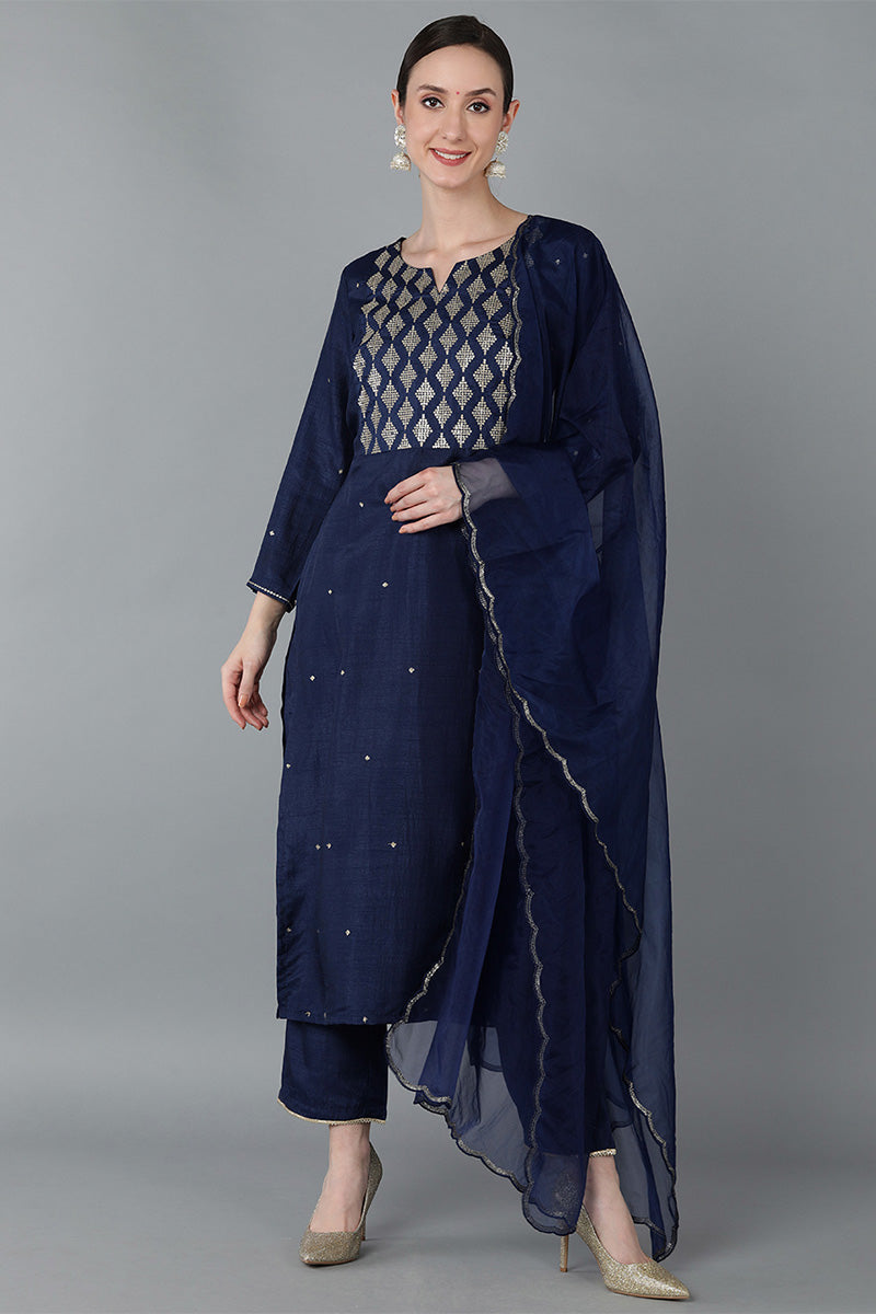 Ahika Women Navy Blue Silk Blend Yoke Design Solid Kurta Trousers With Dupatta