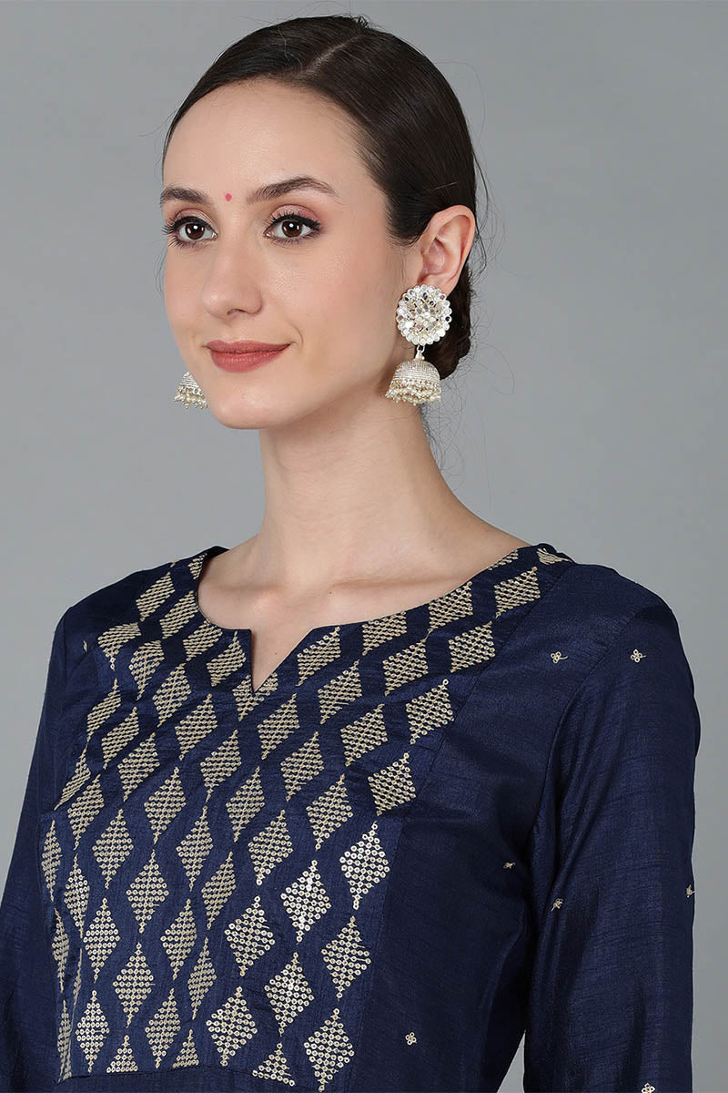 Ahika Women Navy Blue Silk Blend Yoke Design Solid Kurta Trousers With Dupatta