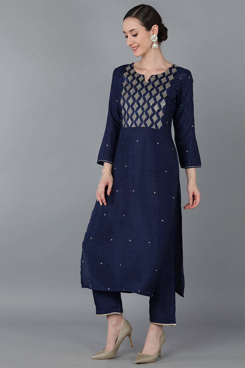 Ahika Women Navy Blue Silk Blend Yoke Design Solid Kurta Trousers With Dupatta