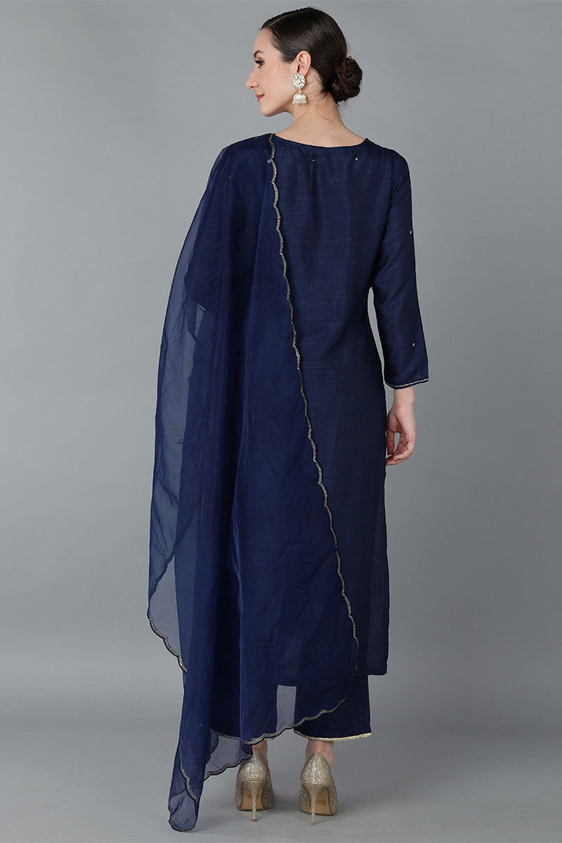 Ahika Women Navy Blue Silk Blend Yoke Design Solid Kurta Trousers With Dupatta