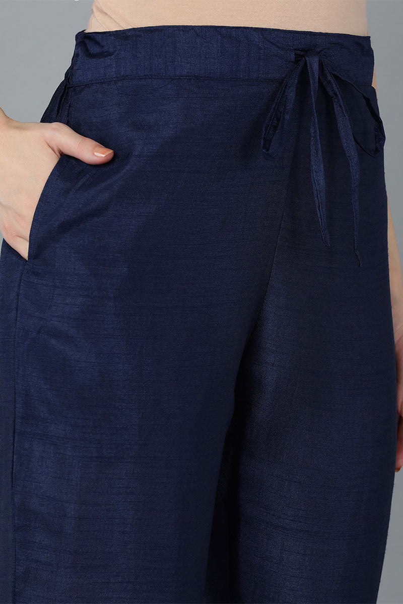 Ahika Women Navy Blue Silk Blend Yoke Design Solid Kurta Trousers With Dupatta 