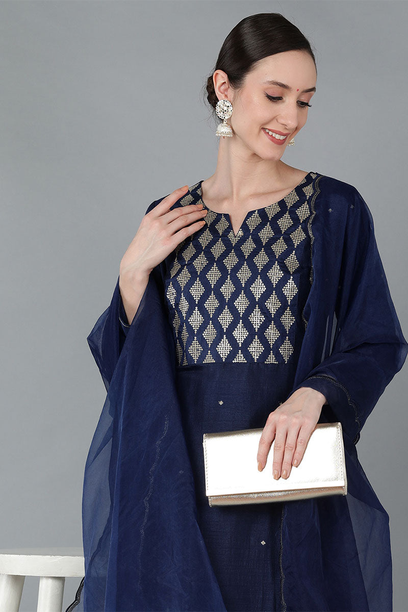 Ahika Women Navy Blue Silk Blend Yoke Design Solid Kurta Trousers With Dupatta