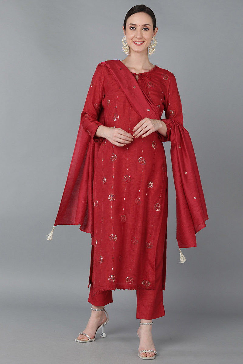 Ahika Women Red Silk Blend Solid Kurta Trousers With Dupatta
