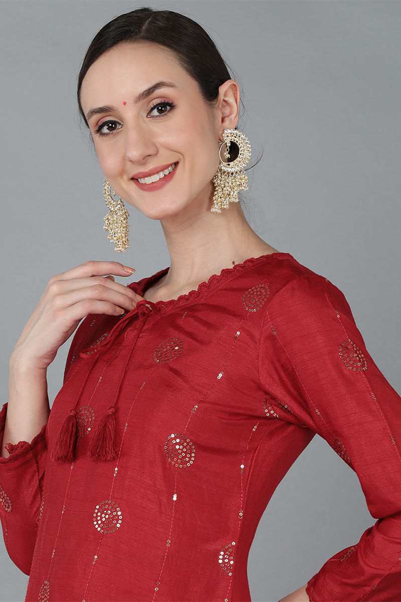 Ahika Women Red Silk Blend Solid Kurta Trousers With Dupatta