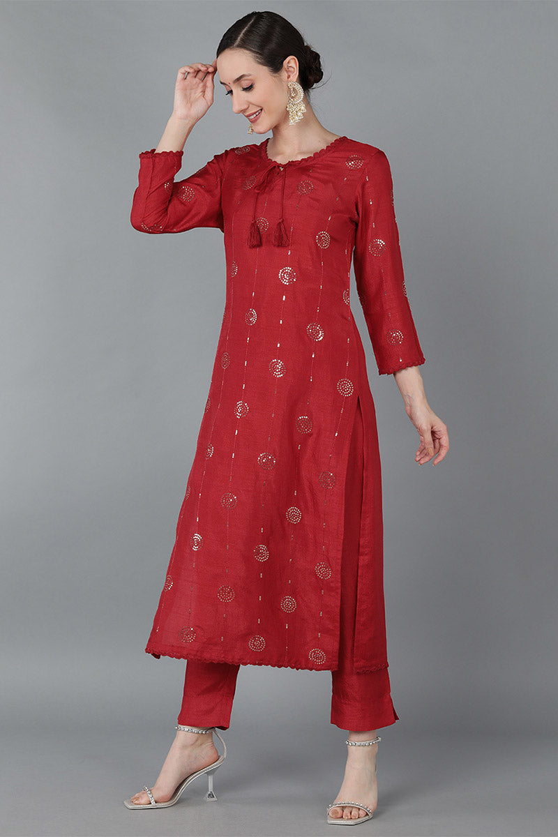 Ahika Women Red Silk Blend Solid Kurta Trousers With Dupatta