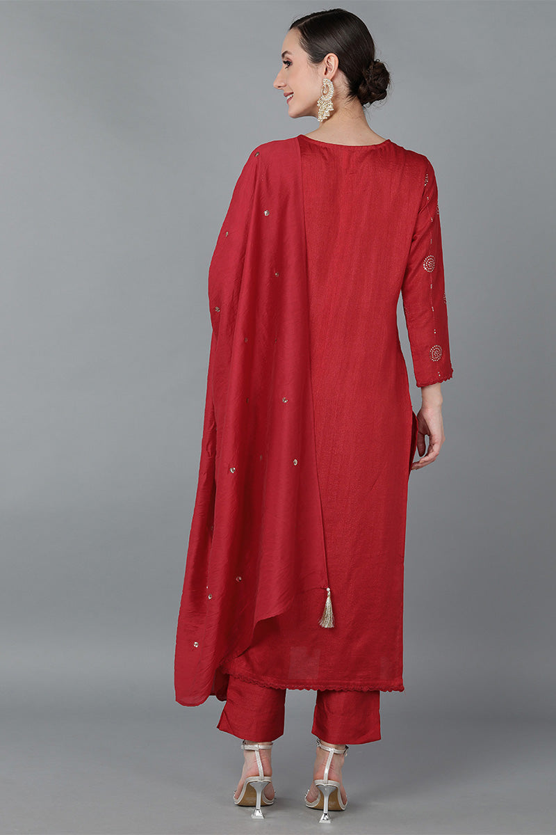 Ahika Women Red Silk Blend Solid Kurta Trousers With Dupatta