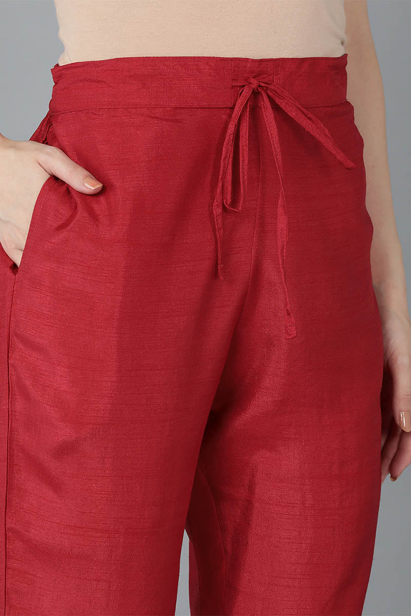 Ahika Women Red Silk Blend Solid Kurta Trousers With Dupatta