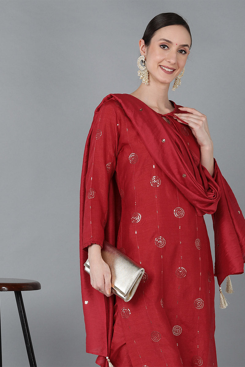Ahika Women Red Silk Blend Solid Kurta Trousers With Dupatta