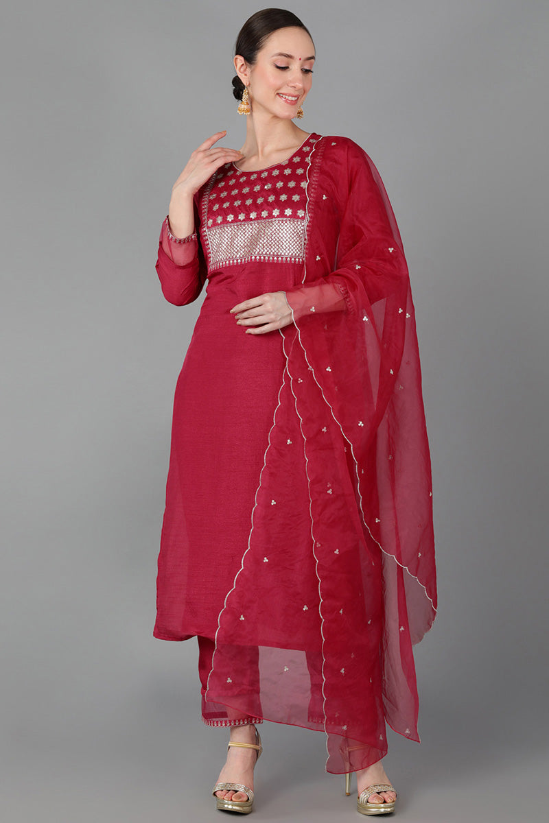 Ahika Women Red Poly Silk Yoke Design Kurta Trousers With Dupatta