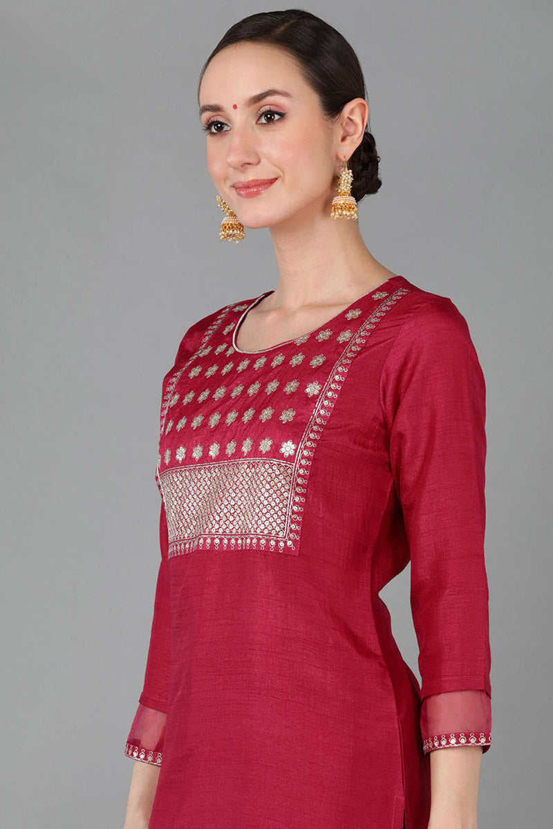 Ahika Women Red Poly Silk Yoke Design Kurta Trousers With Dupatta