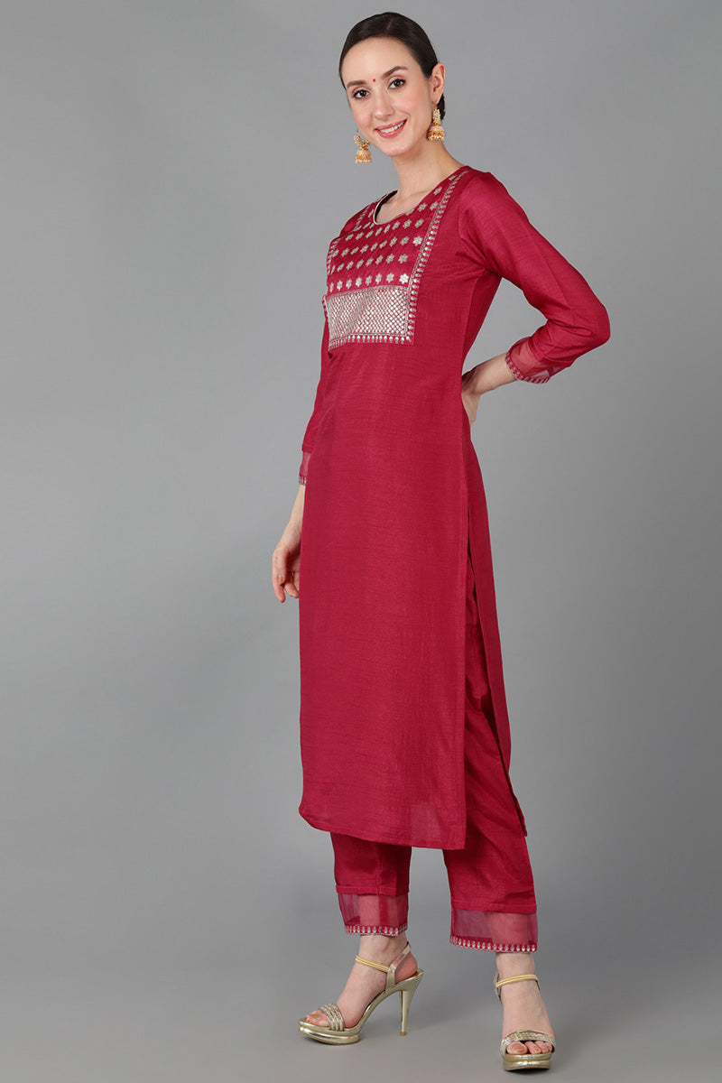 Ahika Women Red Poly Silk Yoke Design Kurta Trousers With Dupatta