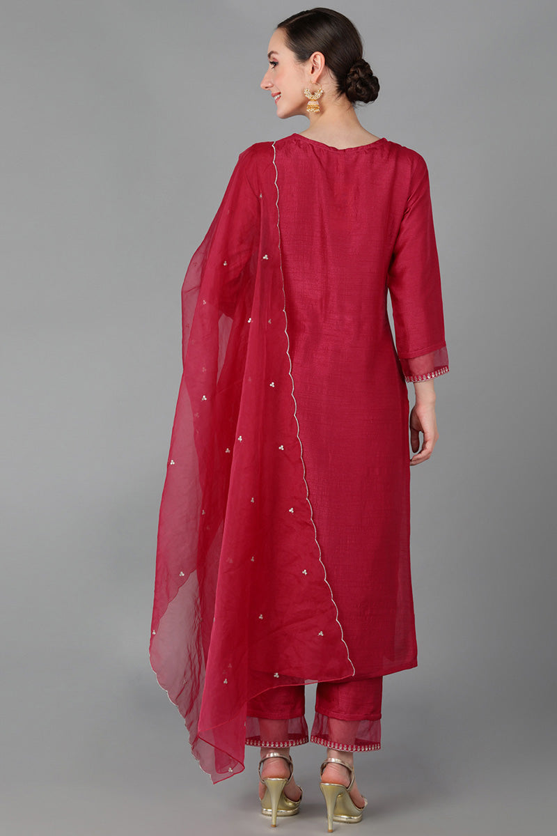 Ahika Women Red Poly Silk Yoke Design Kurta Trousers With Dupatta