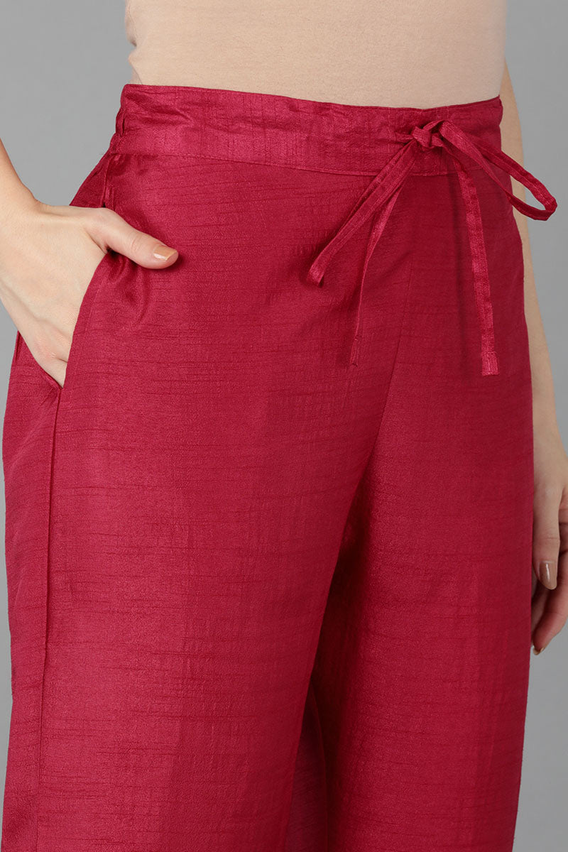 Ahika Women Red Poly Silk Yoke Design Kurta Trousers With Dupatta