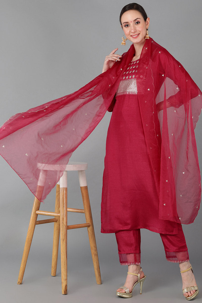 Ahika Women Red Poly Silk Yoke Design Kurta Trousers With Dupatta