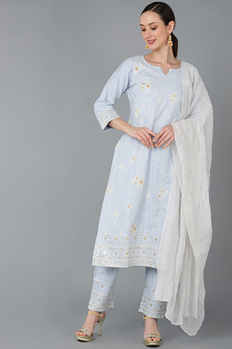 Ahika Women Blue Pure Cotton Embroidered Kurta Set