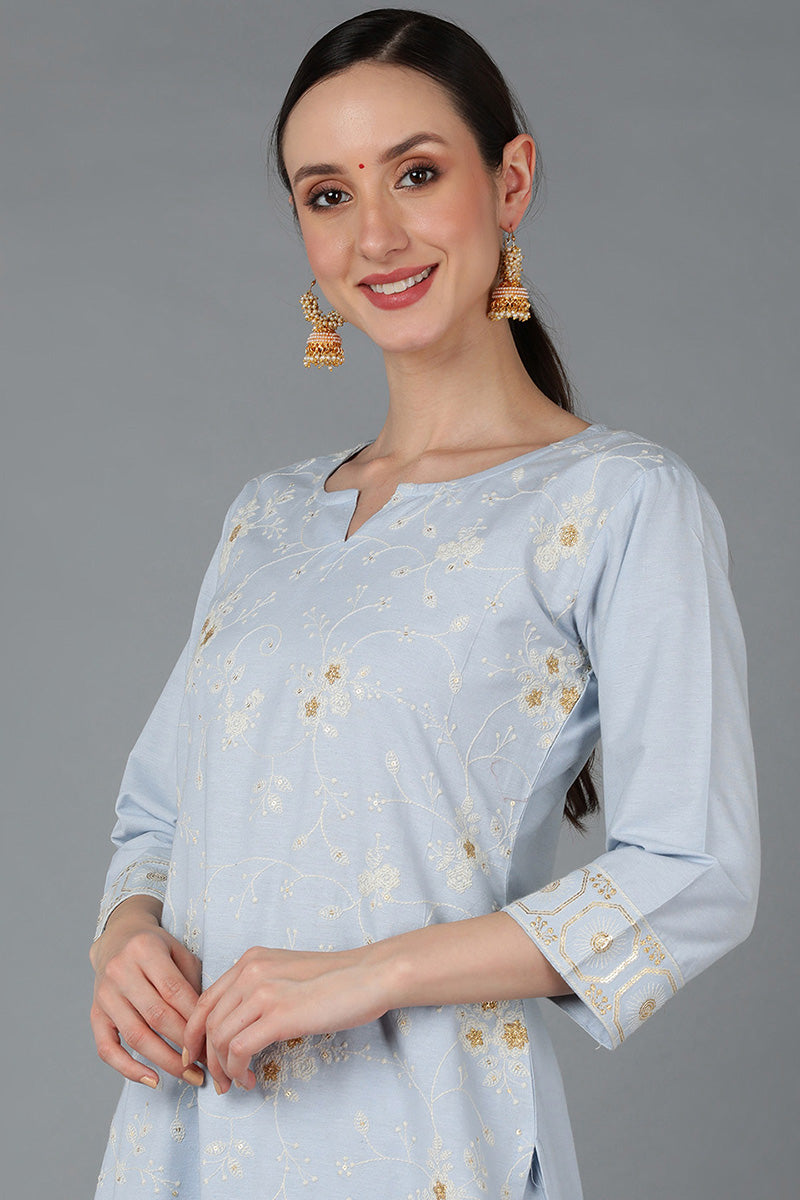 Ahika Women Blue Pure Cotton Embroidered Kurta Set